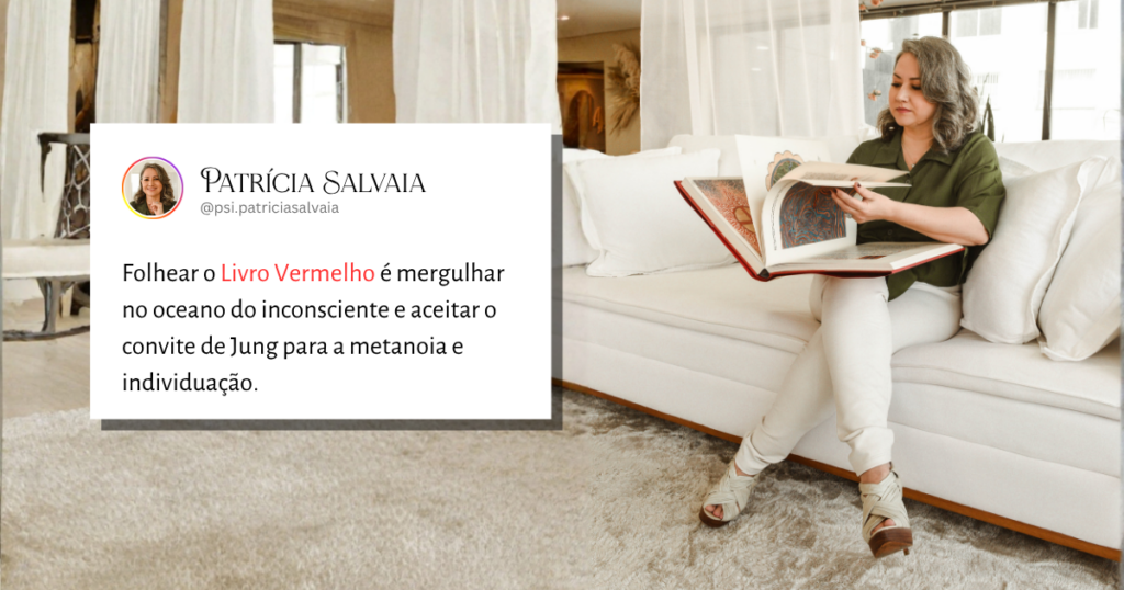 Psicóloga vista de perfil, folheando com atenção as páginas ilustradas do Livro Vermelho de Carl Jung, simbolizando a profundidade técnica e o compromisso com a base da psicologia analítica.